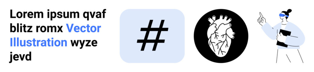 Obraz premium Stylized text block, blue metadata tag icon, anatomical heart illustration, person holding tablet pointing up. Ideal for education, communication, healthcare, art, minimalism technology concepts