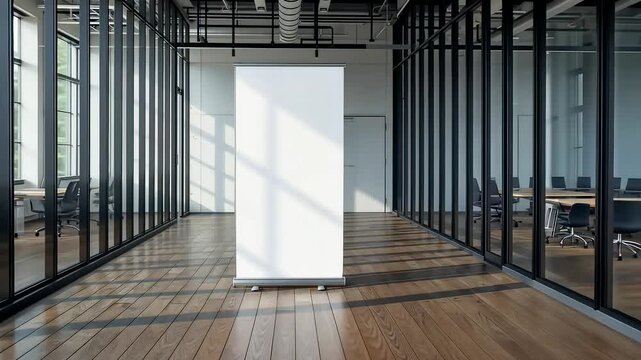 Large White Blank Roll Up Banner Stand Display in Modern Glass Walled Conference Room