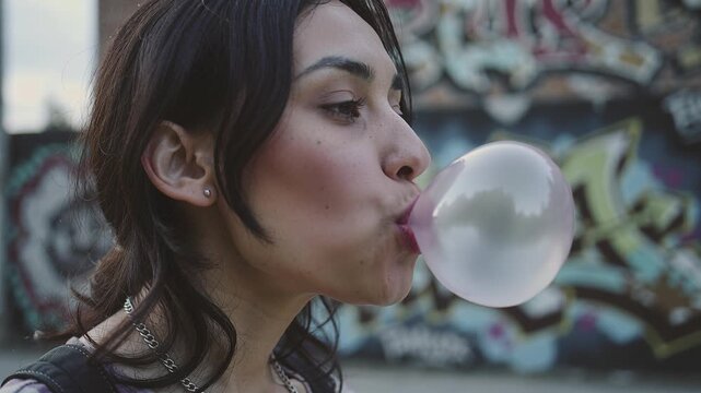 Close up profile of young woman blowing pink bubble gum against graffiti wall. Playful urban lifestyle shot capturing youth culture and carefree mood. Perfect for teen fashion ads.