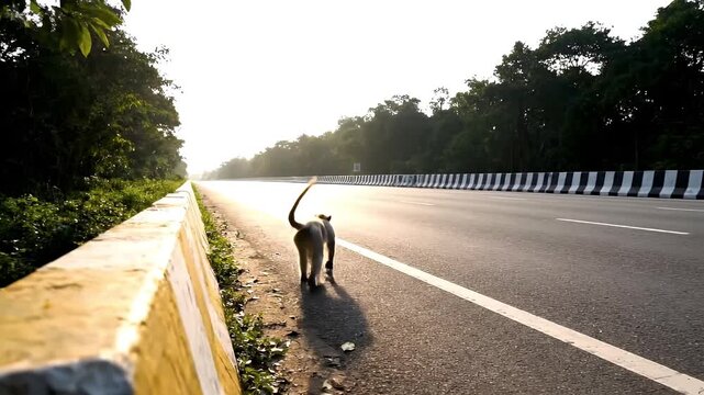 Slow motion shot of monkey jumping from tree on the highway
