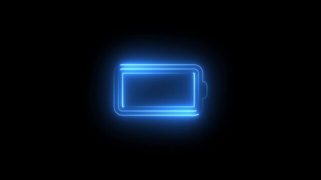 Neon full battery icon glowing bright energy symbol for technology, electronics, and mobile concepts. Perfect digital illustration.