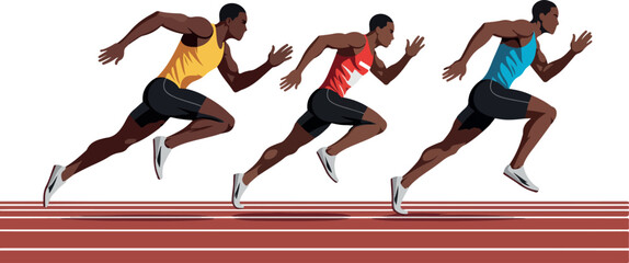 Three Runners Sprinting on Track Yellow Red Blue Outfits Athletic Competition