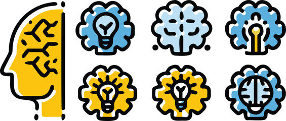 Dynamic collection of icons displaying a human head with brain, various cogwheel-brains, and lightbulb elements representing ideas and intellect