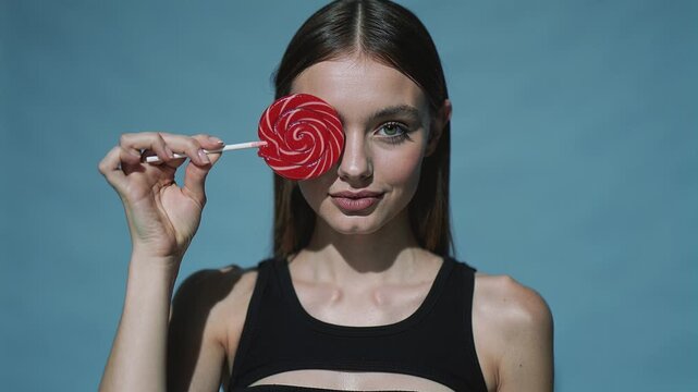 Young woman holds a red swirl lollipop over her eye against a blue background. A playful and sweet portrait suitable for candy advertisements, fashion, or lifestyle concepts.