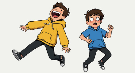 Two Boys Cartoon Style Expressing Joy and Surprise Isolated on White