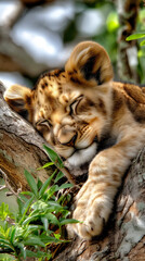 Close up of an adorable lion cub sleeping peacefully on a tree branch in the wild savannah with warm sunlight and soft bokeh background.