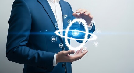 Businessman Holding Glowing Atom Symbol with Digital Icons.