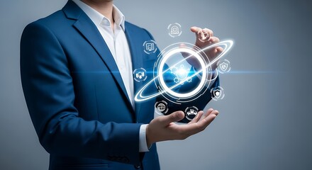 Businessman Holding Futuristic Digital Globe with Network Connections.
