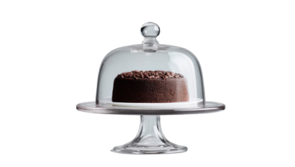 Rich, dark chocolate cake sits enticingly beneath a clear glass dome