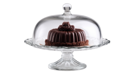 Rich chocolate cake with creamy frosting under a glass dome