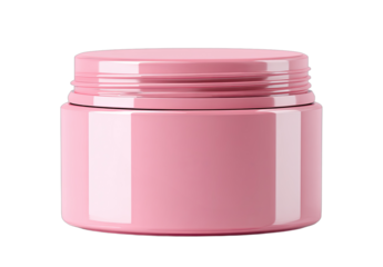 Glossy pink cosmetic jar with threaded opening on a transparent background