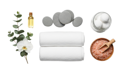 Top down flat lay of spa like bathroom accessories including cotton towels and bath salts isolated on white background