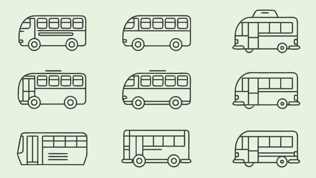 nine unique bus icons in outline style representing different passenger transport vehicles
