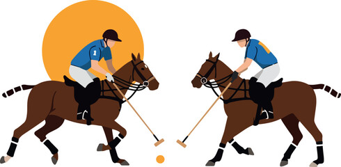 Two Polo Players Horseback White Background Orange Sun Minimalist Illustration