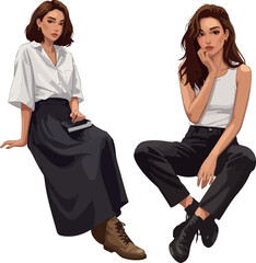 Two Women Sitting Casual Outfits Isolated White Background Detailed Illustration