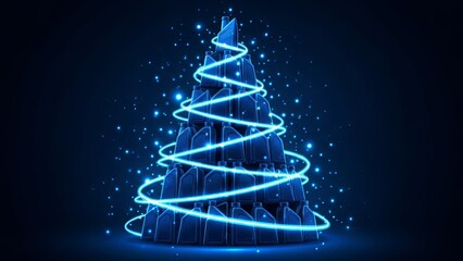 Christmas tree made of engine oil containers with glowing spiral lights and sparkling particles. Automotive industry holiday marketing concept.