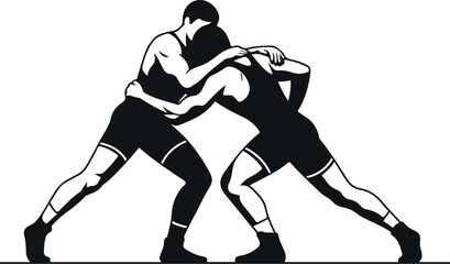 Two Wrestlers Grappling in a Silhouette Style Isolated on White