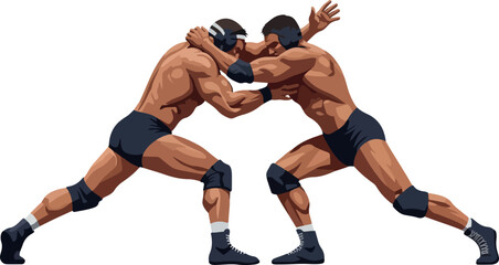 Two Wrestlers Grappling In Black Singlets And Headgear Flat Illustration