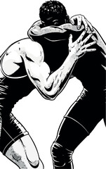 Two Wrestlers Grappling in Dramatic Black and White Takedown Illustration