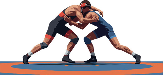 Two Wrestlers Grappling on Mat Pixel Art Flat Design Isolated