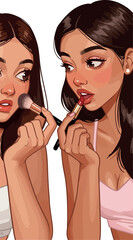 Two Young Women Applying Makeup with Pink Lipstick and Blush