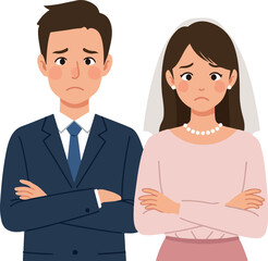 Unhappy Bride and Groom Sad Wedding Couple Blue Suit Pink Dress