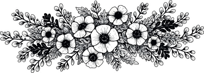 Vintage Floral Border Black White Flowers and Leaves Swirls Decorative Element