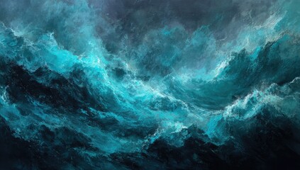 Fototapeta premium An artistic depiction of a tumultuous ocean, with crashing waves in shades of teal and dark blue