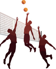 Volleyball Team Silhouettes Jumping Net Game Action on White Background