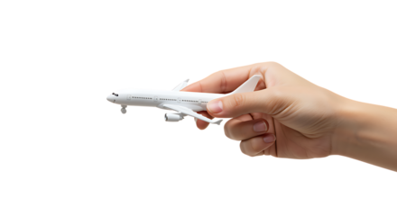 A person's hand holds a small white model airplane against a black background.