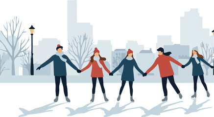Winter Friends Holding Hands Festive Outdoor City Scene Snow