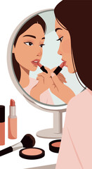 Woman Applying Lipstick Looking In Mirror Makeup Beauty
