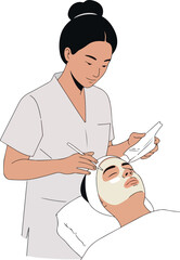 Woman Applying Facial Mask To Client Minimalist Illustration