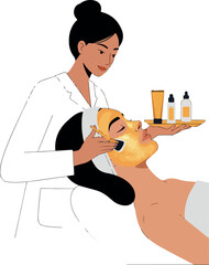 Woman Applying Golden Facial Mask at Spa by Skincare Professional