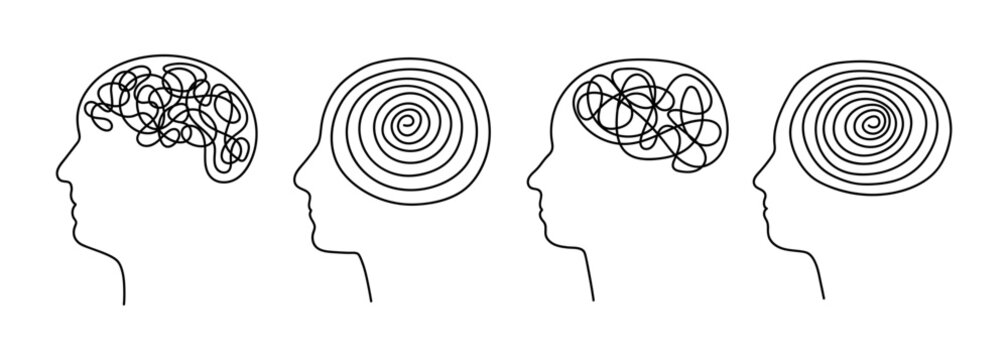Continuous line drawing of head silhouette with chaotic scribbles inside. Psychology and psychotherapy concept showing anxiety, ADHD, and confused thoughts seeking support.