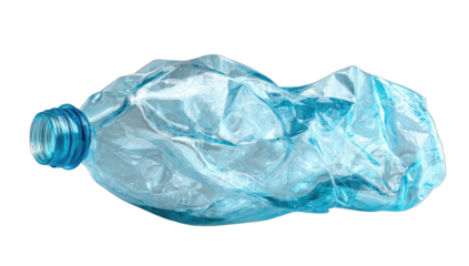 A crumpled, translucent plastic bottle with a blue cap, isolated on a black background