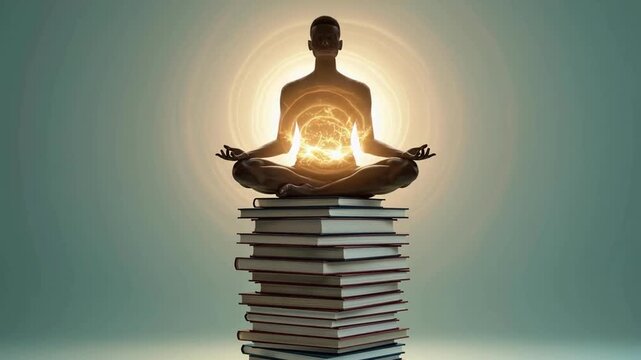 Silhouette meditating on a tall stack of books with glowing energy in the core, symbolizing wisdom, inner power, and spiritual awakening.
