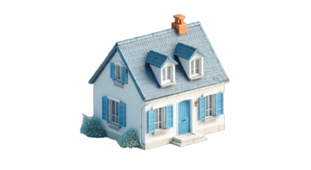 Charming white cottage with blue shutters and dormer windows, set against a black background