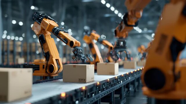 Robots with mechanical arms move packages along conveyor belts in an automated warehouse. The scene shows efficient sorting and handling of items in a busy environment