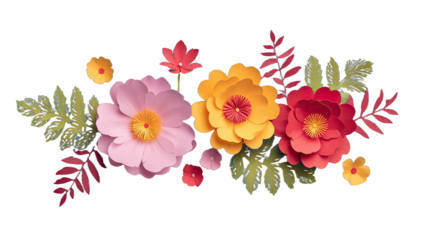 Vibrant paper flowers and leaves arranged in a decorative bouquet