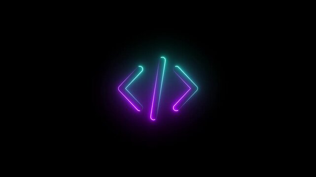 Neon coding icon animation with glowing light effect, programming and software development symbol for digital interface and technology design.