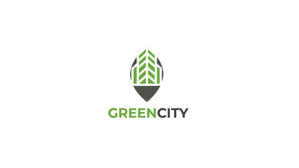 Green City logo with leaf and urban concept for eco friendly branding