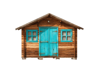 Small rustic wooden cabin with bright blue double doors and windows