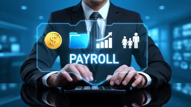 Finance manager interacting with digital payroll hologram