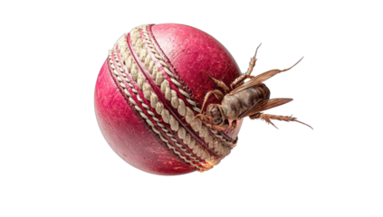 Close-up of a cricket ball with a small insect on its surface
