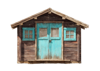 Rustic wooden shed with turquoise doors and windows