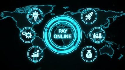 Glowing cyan digital pay online interface with business icons - Powered by Adobe