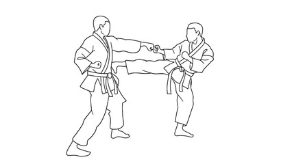 Fototapeta premium Two men in karate gi practicing martial arts and self defense techniques