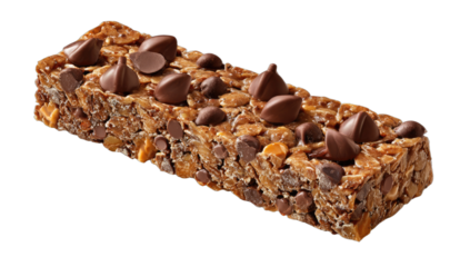 Chocolate chip cereal bar with chunky toppings on a black background