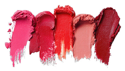 Five rich lipstick swatches, ranging from vibrant pink to deep red